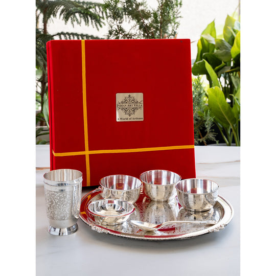 Silver plated embossed dinner set 7 pieces front — Indian Art Villa