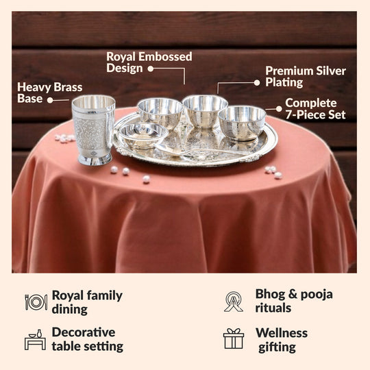 Handcrafted Silver Plated Embossed Design Dinner Set 7 Pieces