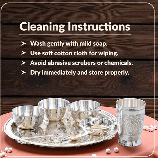 Handcrafted Silver Plated Embossed Design Dinner Set 7 Pieces