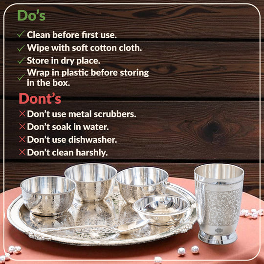 Handcrafted Silver Plated Embossed Design Dinner Set 7 Pieces