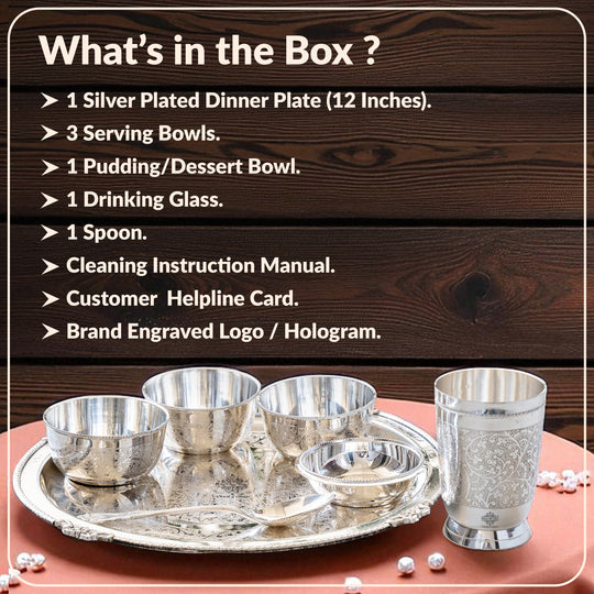 Handcrafted Silver Plated Embossed Design Dinner Set 7 Pieces