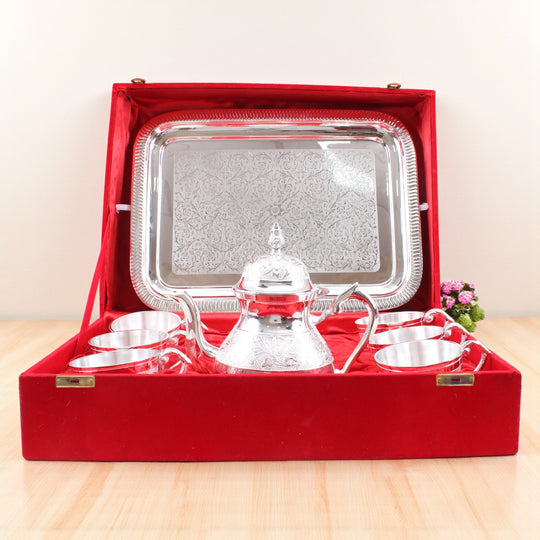 Handmade pure silver plated floral design 1 tea pot 6 cups 1 tray front view — Indian Art Villa