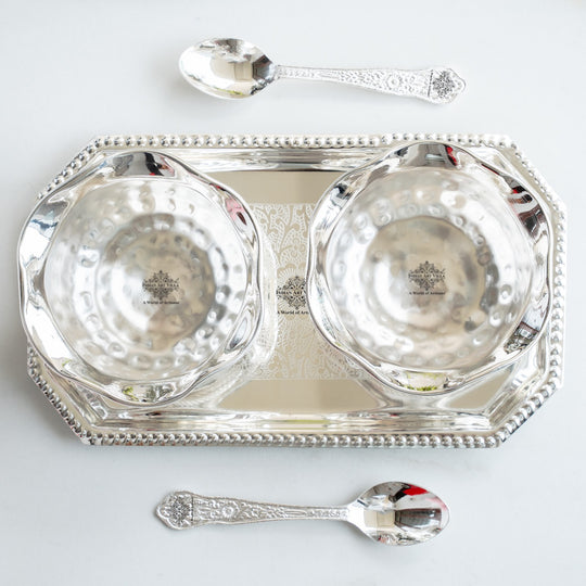 Handcrafted Pure Silver Plated Set of 2 Designer Bowl with 2 Spoon 1 Tray