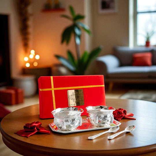 Handcrafted Pure Silver Plated Set of 2 Designer Bowl with 2 Spoon 1 Tray