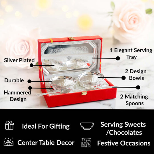 Handcrafted Silver Plated Set of 2 Designer Bowl with 2 Spoon 1 Tray