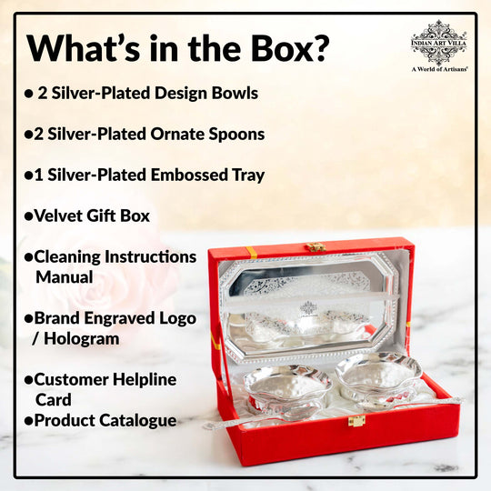 Handcrafted Silver Plated Set of 2 Designer Bowl with 2 Spoon 1 Tray