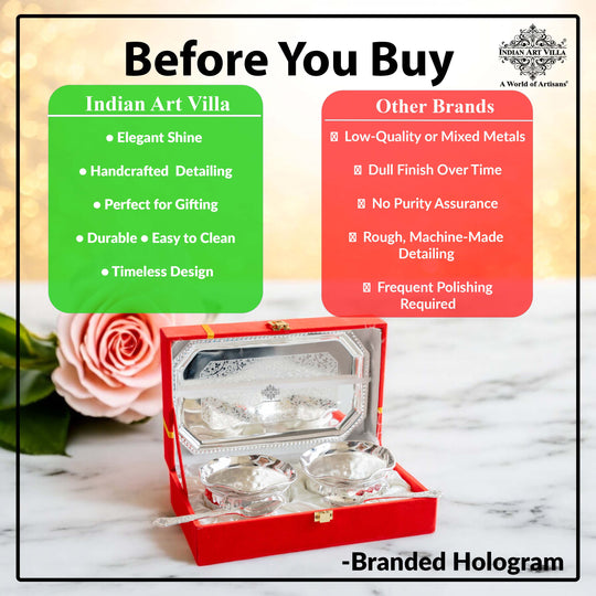 Handcrafted Silver Plated Set of 2 Designer Bowl with 2 Spoon 1 Tray