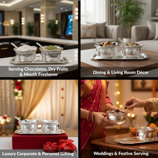 Handcrafted Silver Plated Set of 2 Designer Bowl with 2 Spoon 1 Tray