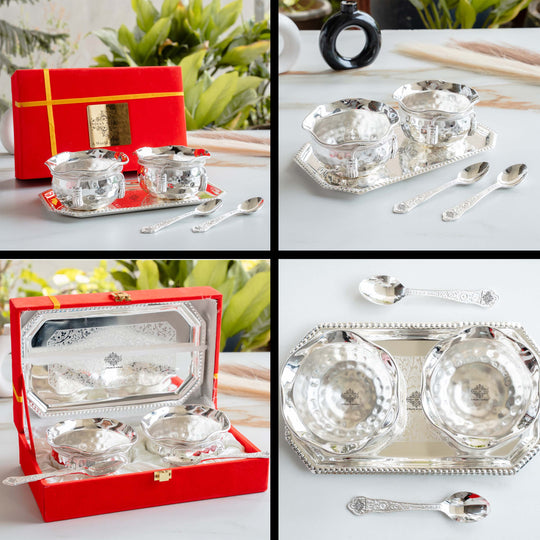 Handcrafted Silver Plated Set of 2 Designer Bowl with 2 Spoon 1 Tray