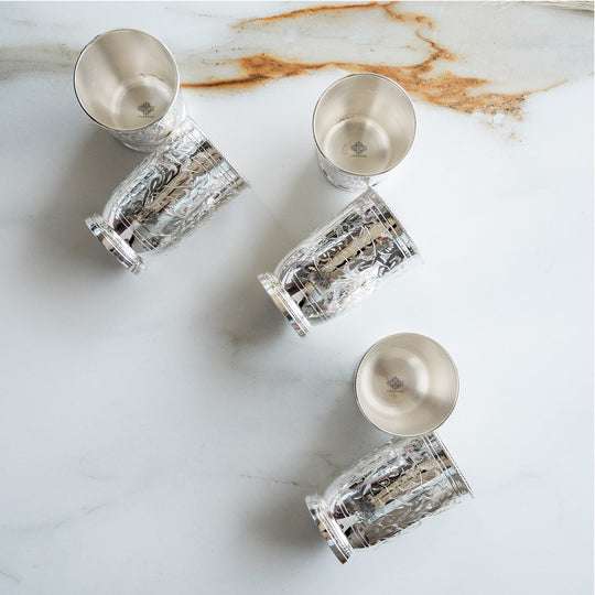 Silver Plated Embossed Design Glass Tumbler set of 6