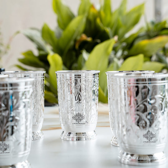 Silver Plated Embossed Design Glass Tumbler set of 6
