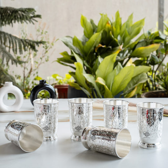 Silver Plated Embossed Design Glass Tumbler set of 6