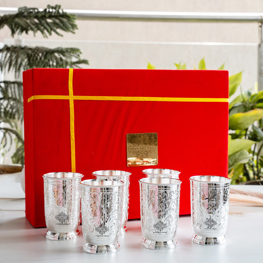 Silver plated embossed design glass tumbler set of 6 front view — Indian Art Villa