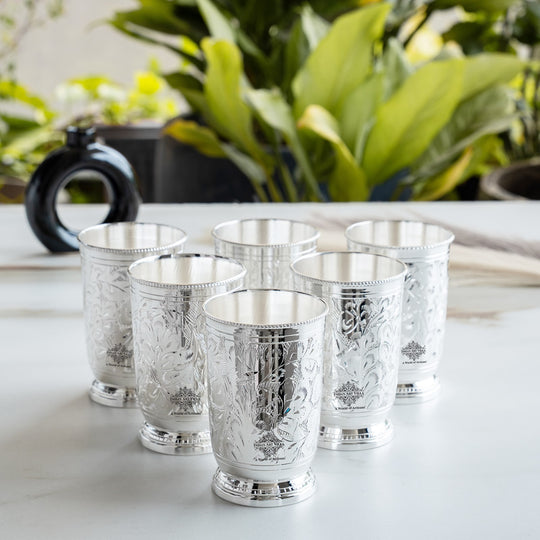 Silver Plated Embossed Design Glass Tumbler set of 6
