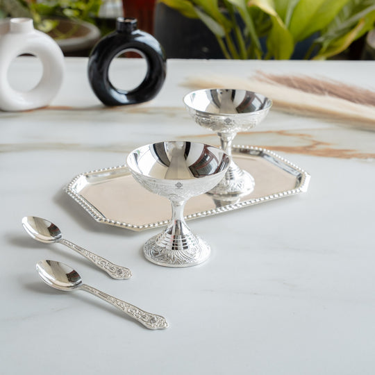 Pure Silver Plated Designer 2 Ice Cream Bowl 2 Spoon 1 Tray
