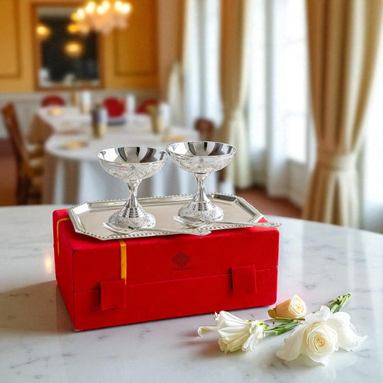 Pure Silver Plated Designer 2 Ice Cream Bowl 2 Spoon 1 Tray