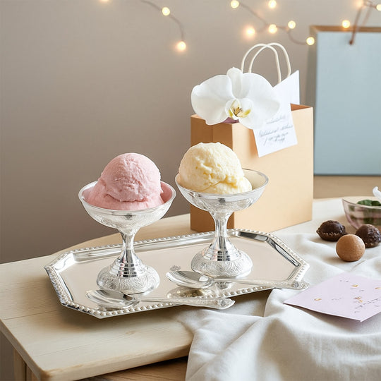 Pure Silver Plated Designer 2 Ice Cream Bowl 2 Spoon 1 Tray
