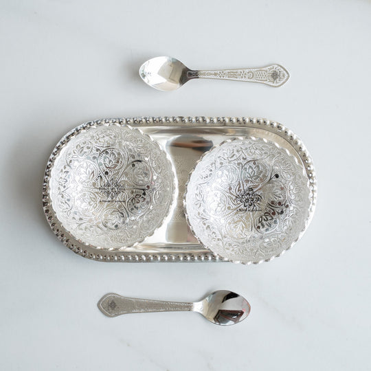 Handcrafted Silver Plated Designer Bowl Set with 2 Bowl, 2 Spoon, 1 Tray