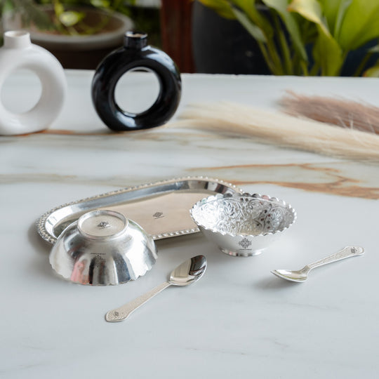 Handcrafted Silver Plated Designer Bowl Set with 2 Bowl, 2 Spoon, 1 Tray