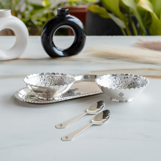 Handcrafted Silver Plated Designer Bowl Set with 2 Bowl, 2 Spoon, 1 Tray