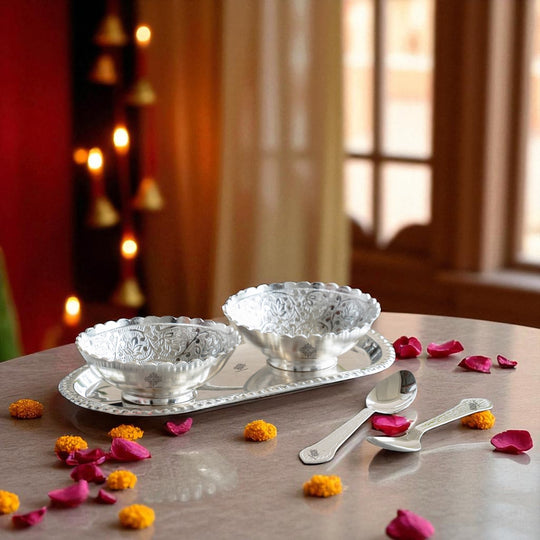Handcrafted Silver Plated Designer Bowl Set with 2 Bowl, 2 Spoon, 1 Tray