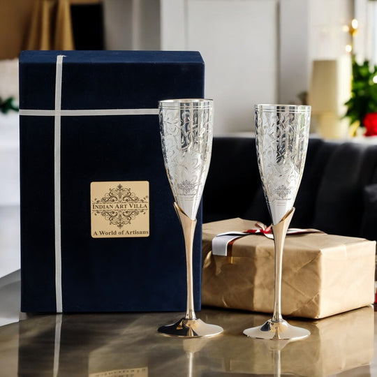 Set of 2 silver plated brass champagne wine glass front view — Indian Art Villa
