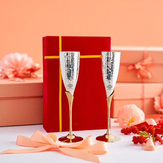 Set of 2 Silver Plated & Brass Champagne Hammered Wine Glass With Red Box