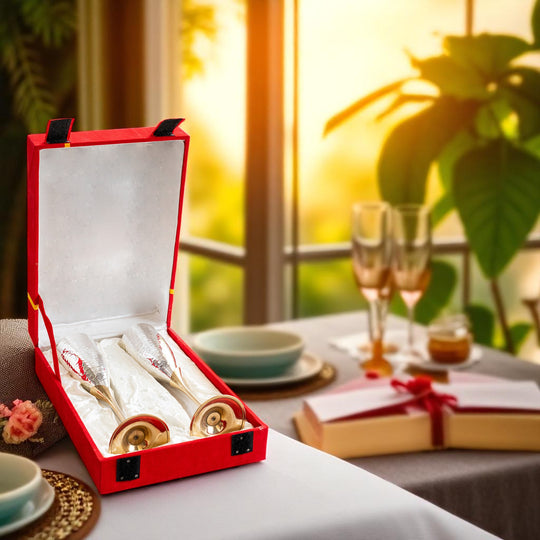 Set of 2 Silver Plated & Brass Champagne Hammered Wine Glass With Red Box