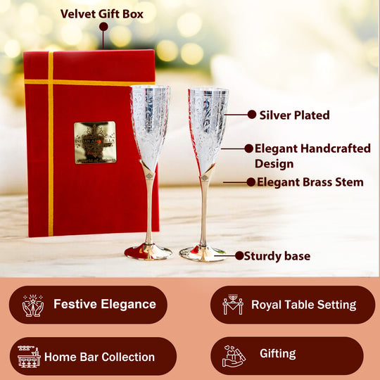 Set of 2 Silver Plated & Brass Champagne Wine Glass With Box