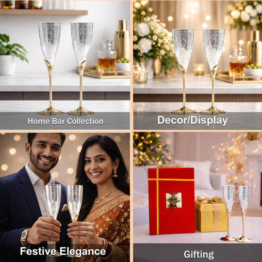 Set of 2 Silver Plated & Brass Champagne Wine Glass With Box
