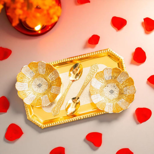Silver plated gold lotus 2 bowl tray H — Indian Art Villa