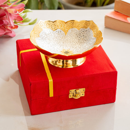 Silver plated gold round bowl top view — Indian Art Villa