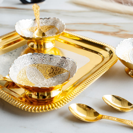 Pure Silver Plated Gold Polished 4 Bowl 4 Spoons 1 Tray