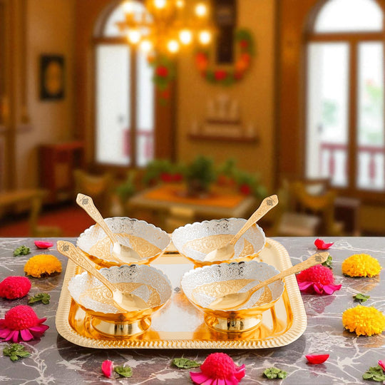 Pure Silver Plated Gold Polished 4 Bowl 4 Spoons 1 Tray