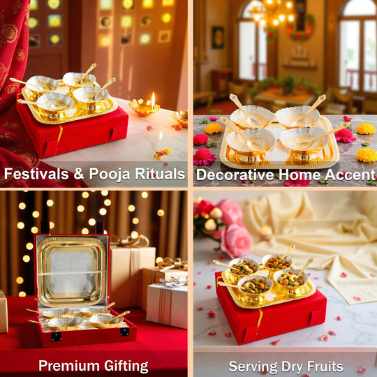 Pure Silver Plated Gold Polished 4 Bowl 4 Spoons 1 Tray