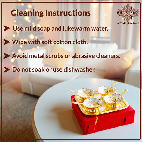 Pure Silver Plated Gold Polished 4 Bowl 4 Spoons 1 Tray