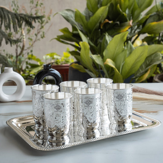 Silver Plated Designer 6 Glass with 1 Tray with Box