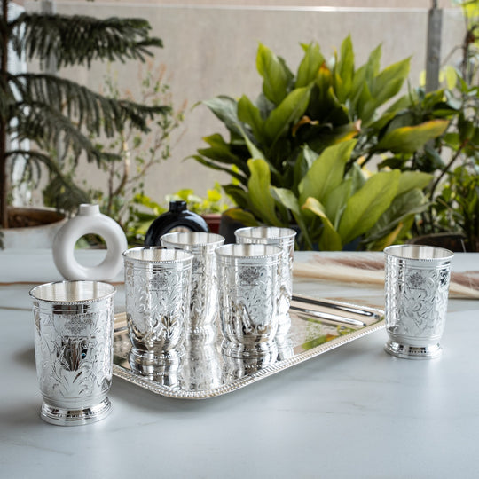 Silver Plated Designer 6 Glass with 1 Tray with Box