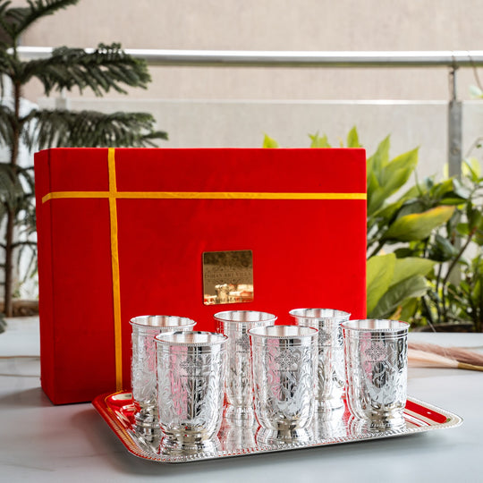 Silver Plated Designer 6 Glass with 1 Tray with Box