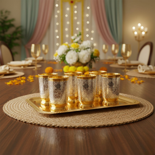 Handcrafted Pure Silver Plated Gold Polished 6 Glass with 1 Tray