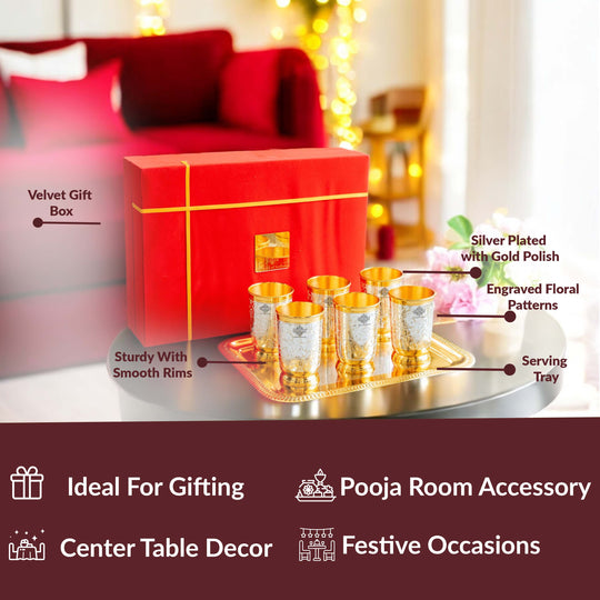 Handcrafted Pure Silver Plated Gold Polished 6 Glass with 1 Tray