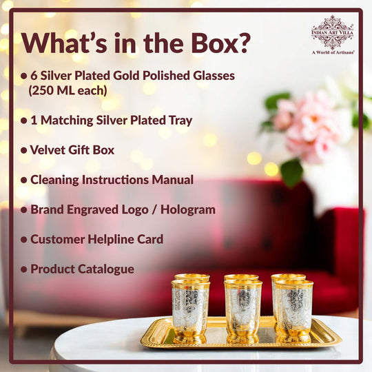 Handcrafted Pure Silver Plated Gold Polished 6 Glass with 1 Tray