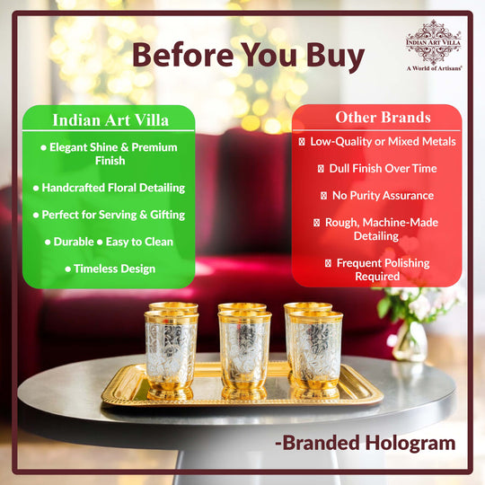 Handcrafted Pure Silver Plated Gold Polished 6 Glass with 1 Tray