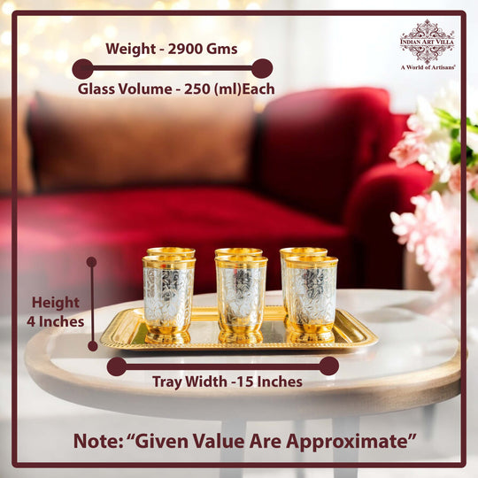 Handcrafted Pure Silver Plated Gold Polished 6 Glass with 1 Tray