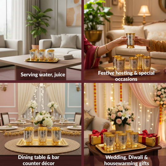 Handcrafted Pure Silver Plated Gold Polished 6 Glass with 1 Tray