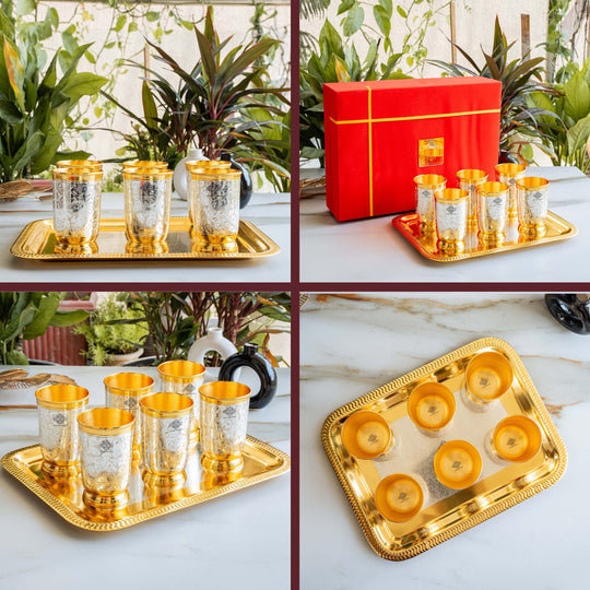 Handcrafted Pure Silver Plated Gold Polished 6 Glass with 1 Tray