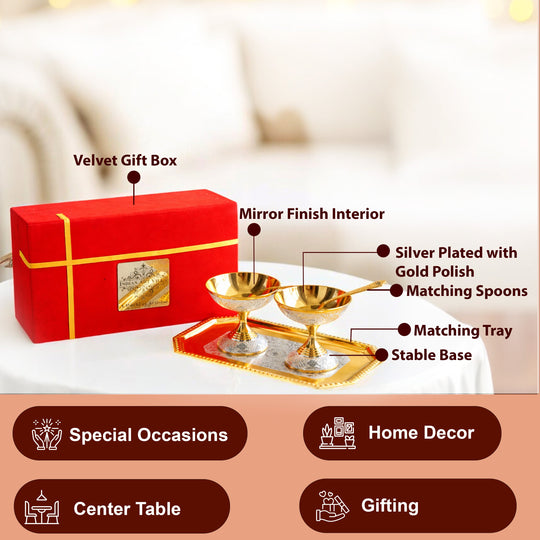 Pure Silver Plated Gold Polished 2 Ice Cream Bowl with 2 spoon & 1 tray