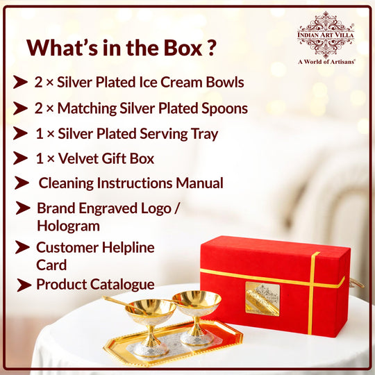 Pure Silver Plated Gold Polished 2 Ice Cream Bowl with 2 spoon & 1 tray