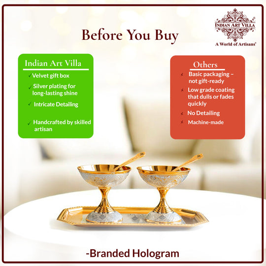 Pure Silver Plated Gold Polished 2 Ice Cream Bowl with 2 spoon & 1 tray