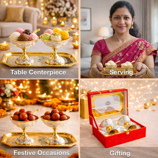 Pure Silver Plated Gold Polished 2 Ice Cream Bowl with 2 spoon & 1 tray